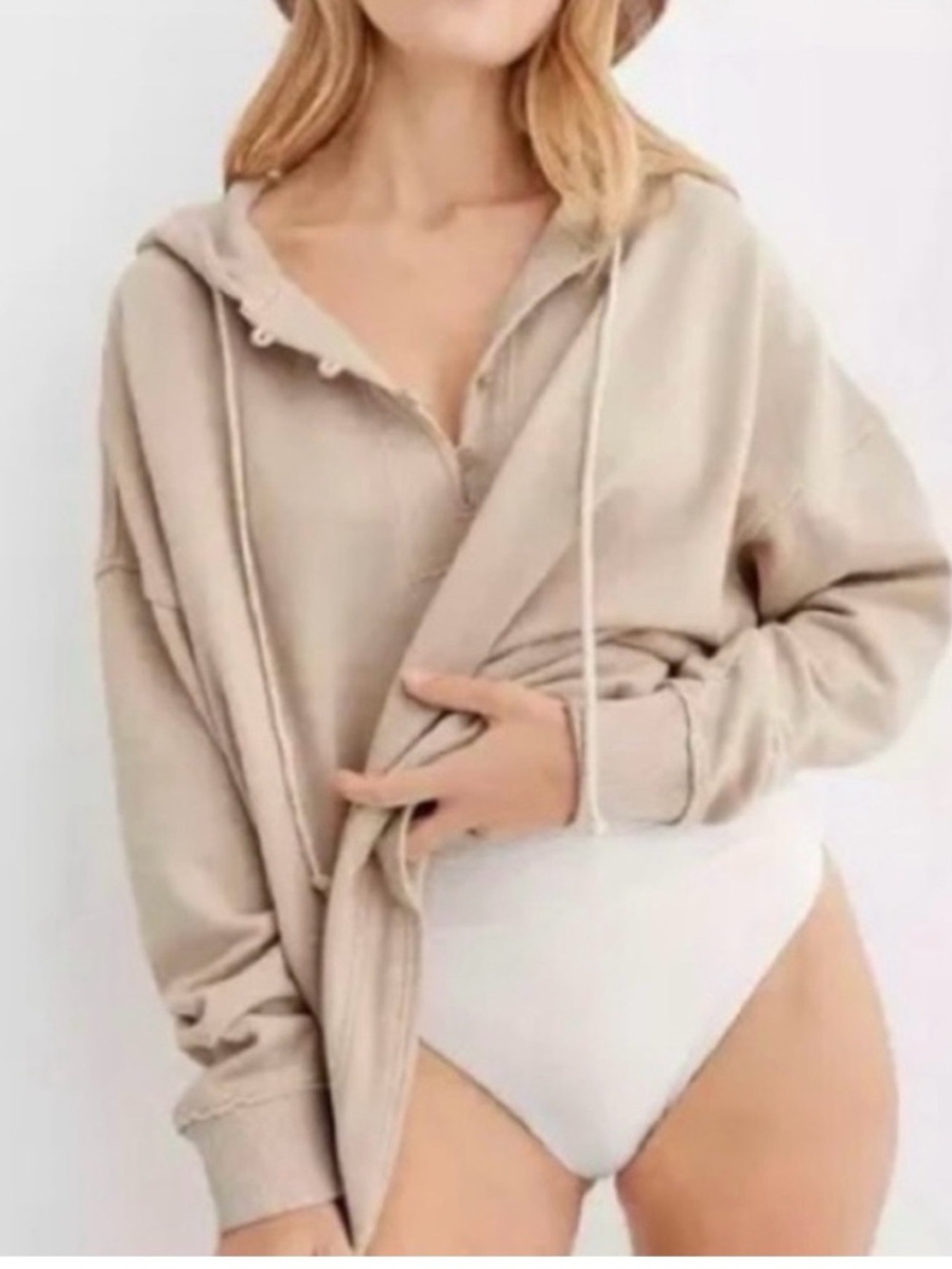 Aerie Oversized Weekend Beach Hooded Henley in Beige-Creamsicle
